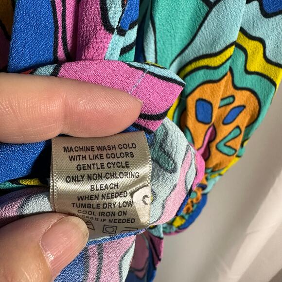 John Mark‎ Pink Blue Geometric Floral V-neck Blouse M Colorful Retro Boho Artsy - Picture 7 of 10